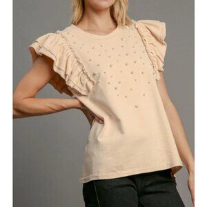 Umgee French Terry Knit Top With Pearl Details in Natural Size Med